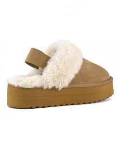 Ciabatta color cammello in pelle scamosciata con suola Platform e laccio elastico alla caviglia