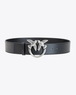 Cintura alta in pelle liscia nera con fibbia Love Birds argento 4cm