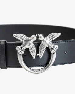 Cintura alta in pelle liscia nera con fibbia Love Birds argento 4cm