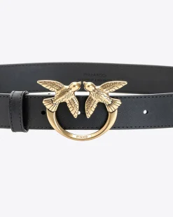 Cintura alta in pelle liscia nera con fibbia Love Birds dorata 3cm