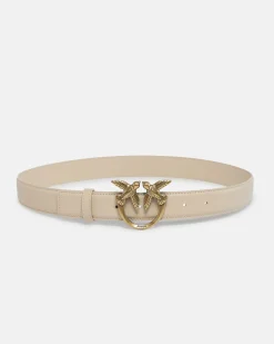 Cintura alta in pelle liscia beige con fibbia Love Birds dorata 3cm