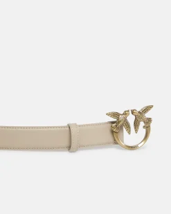 Cintura alta in pelle liscia beige con fibbia Love Birds dorata 3cm