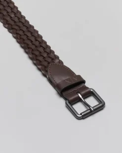 Cintura Armani Exchange marrone in pelle intrecciata con fibbia in metallo brunito