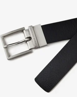 Cintura Armani Exchange nera in pelle martellata reversibile in blu