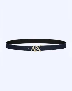 Cintura Armani Exchange nera in pelle reversibile in blu con fibbia AX in metallo dorato