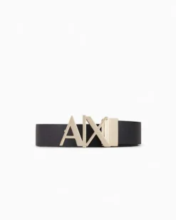 Cintura Armani Exchange nera in pelle reversibile in blu con fibbia AX in metallo dorato