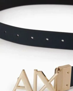 Cintura Armani Exchange nera in pelle reversibile in blu con fibbia AX in metallo dorato
