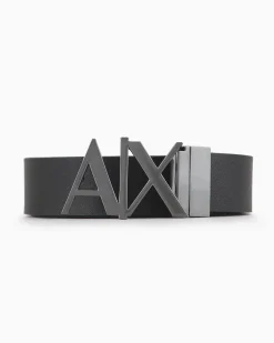 Cintura Armani Exchange nera in pelle reversibile in antracite con fibbia AX in metallo