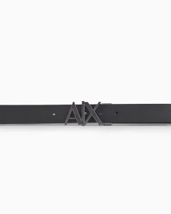 Cintura Armani Exchange nera in pelle reversibile in antracite con fibbia AX in metallo