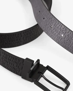 Cintura Armani Exchange nera in pelle con logo all over reversibile in grigio