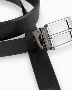 Cintura Armani Exchange nera in pelle saffiano reversibile in pelle liscia testa di moro