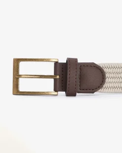 Cintura beige in tessuto elastico intrecciato con fibbia in metallo dorato