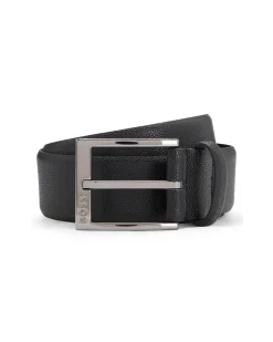 Cintura Boss Elloy nera in pelle martellata con fibbia argento