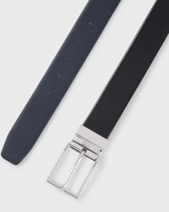 Cintura Boss Otano in pelle liscia nera reversibile in pelle martellata blu