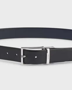 Cintura Boss Otano in pelle liscia nera reversibile in pelle martellata blu