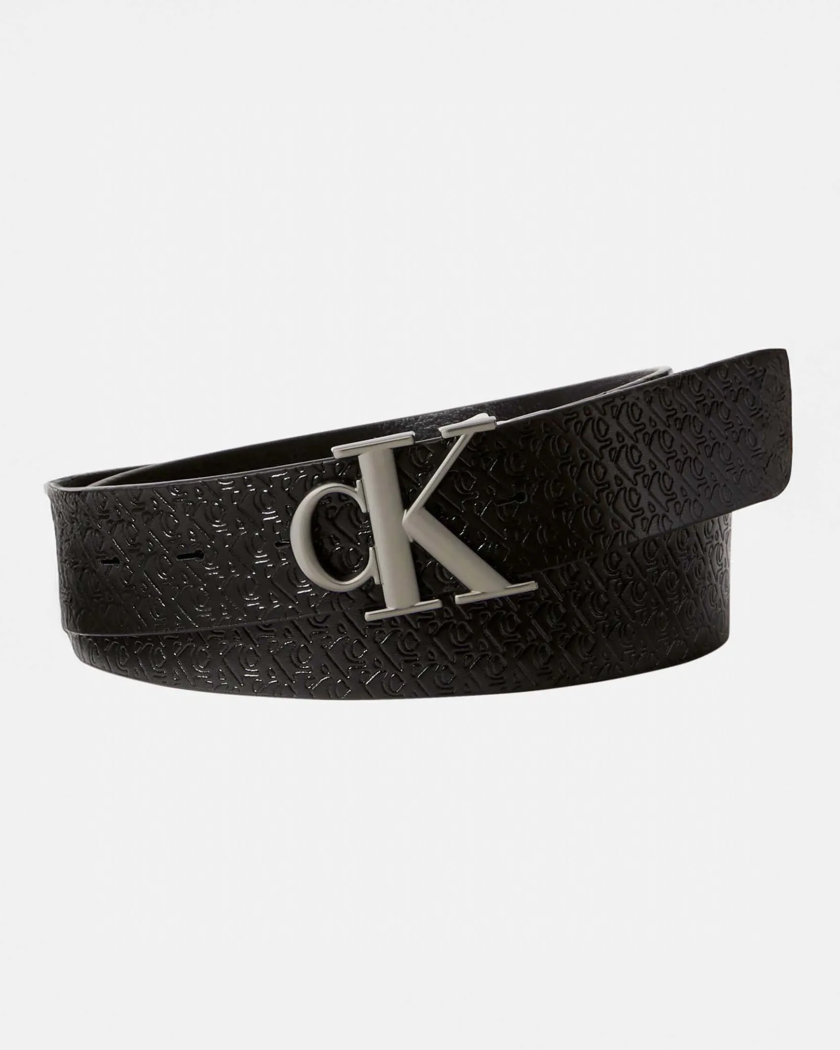 Cintura Calvin Klein Jeans nera in pelle con logo monogramma in rilievo all over