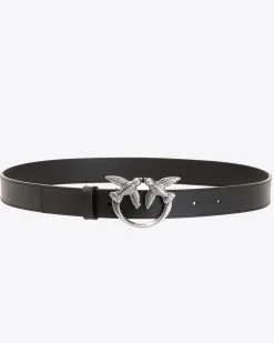 Cintura in pelle liscia nera con fibbia Love Birds argento 3cm