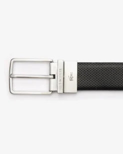 Cintura Lacoste nera in pelle traforata reversibile in blu