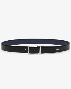 Cintura Lacoste nera in pelle traforata reversibile in blu