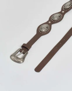 Cintura marrone Hlo! in similpelle di ispirazione texana con dettagli e fibbia in metallo lavorato