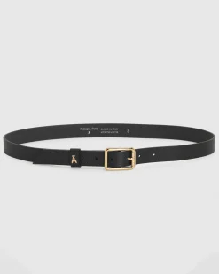 Cintura nera in pelle con fibbia dorata e scritta logo impressa e Fly 2,5 cm