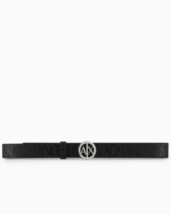 Cintura nera in similpelle con scritta logo all over e fibbia tonda in metallo