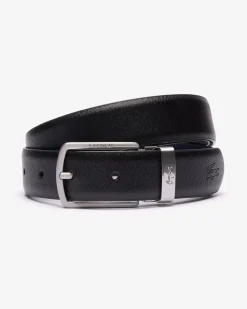 Cintura set regalo nera Lacoste in pelle martellata con doppia fibbia in metallo argento e brunito