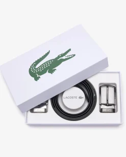 Cintura set regalo nera Lacoste in pelle martellata con doppia fibbia in metallo argento e brunito