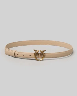 Cintura sottile beige in pelle con fibbia Love Birds dorata 2 cm