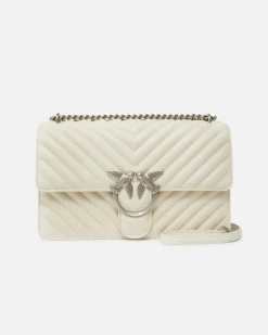 Classic Bag Chevron in pelle bianca con fibbia Love Birds argento e tracolla a catena regolabile