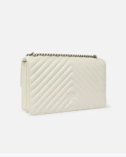 Classic Bag Chevron in pelle bianca con fibbia Love Birds argento e tracolla a catena regolabile