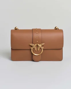 Classic Love Bag One color cuoio in pelle liscia con fibbia Love Birds dorata e tracolla a catena rimovibile