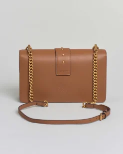 Classic Love Bag One color cuoio in pelle liscia con fibbia Love Birds dorata e tracolla a catena rimovibile