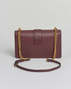Classic Love Bag One color vino in pelle liscia con fibbia Love Birds dorata e tracolla a catena rimovibile