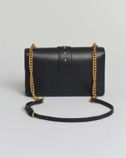 Classic Love Bag One nera in pelle liscia con fibbia Love Birds dorata e tracolla a catena rimovibile