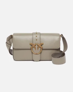 Classic Love Bag One Slouchy Pinko color taupe in pelle liscia con fibbia Love Birds dorata