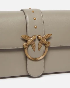 Classic Love Bag One Slouchy Pinko color taupe in pelle liscia con fibbia Love Birds dorata