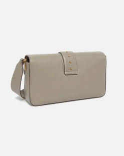 Classic Love Bag One Slouchy Pinko color taupe in pelle liscia con fibbia Love Birds dorata
