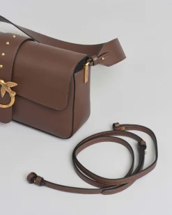 Classic Love Bag One Slouchy Pinko marrone in pelle liscia con fibbia Love Birds dorata