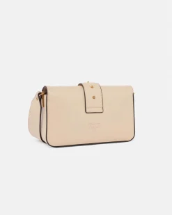 Classic Love Bag Slouchy Pinko misura piccola in pelle beige con tracolla spessa e fibbia Love Birds dorata