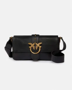 Classic Love Bag Slouchy Pinko in pelle nera con tracolla spessa e fibbia Love Birds argento