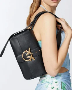 Classic Love Bag Slouchy Pinko in pelle nera con tracolla spessa e fibbia Love Birds argento