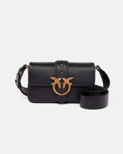 Classic Love Bag Slouchy Pinko misura piccola in pelle nera con tracolla spessa e fibbia Love Birds argento