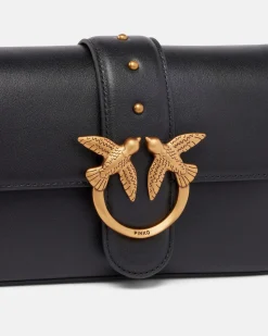 Classic Love Bag Slouchy Pinko misura piccola in pelle nera con tracolla spessa e fibbia Love Birds argento