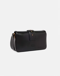 Classic Love Bag Slouchy Pinko misura piccola in pelle nera con tracolla spessa e fibbia Love Birds argento