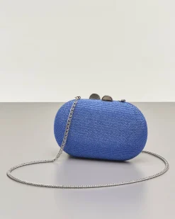 Clutch ovale blu China con strass applicati all over e chiusura a scatto a sfera