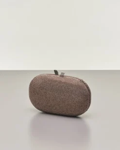 Clutch ovale con strass color bronzo applicati all 'over e chiusura a scatto a V