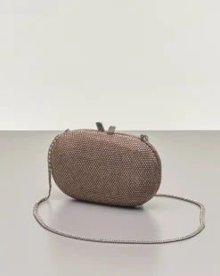Clutch ovale con strass color bronzo applicati all 'over e chiusura a scatto a V