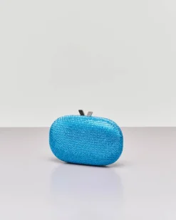 Clutch ovale con strass turchesi applicati e chiusura a scatto