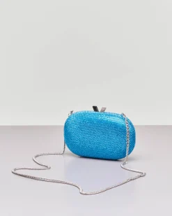 Clutch ovale con strass turchesi applicati e chiusura a scatto